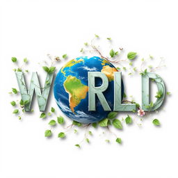 The word "WORLD" creatively designed where the letter 'o' is replaced by a detailed image of a globe showcasing the Earth, including continents and oceans
