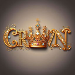 The word "CROWN" artistically crafted, with the letter 'o' replaced by a luxurious image of a crown, adorned with sparkling jewels and intricate designs