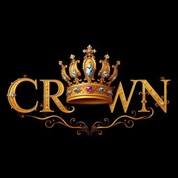 The word "CROWN" artistically crafted, with the letter 'o' replaced by a luxurious image of a crown, adorned with sparkling jewels and intricate designs
