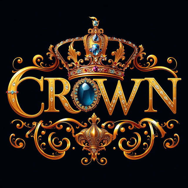 The word "CROWN" artistically crafted, with the letter 'o' replaced by a luxurious image of a crown, adorned with sparkling jewels and intricate designs