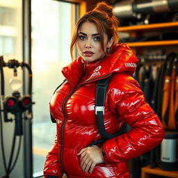 A gorgeous and alluring woman with big breasts, clad in a vibrant shiny red puffy cold-water immersion suit that glimmers under the light