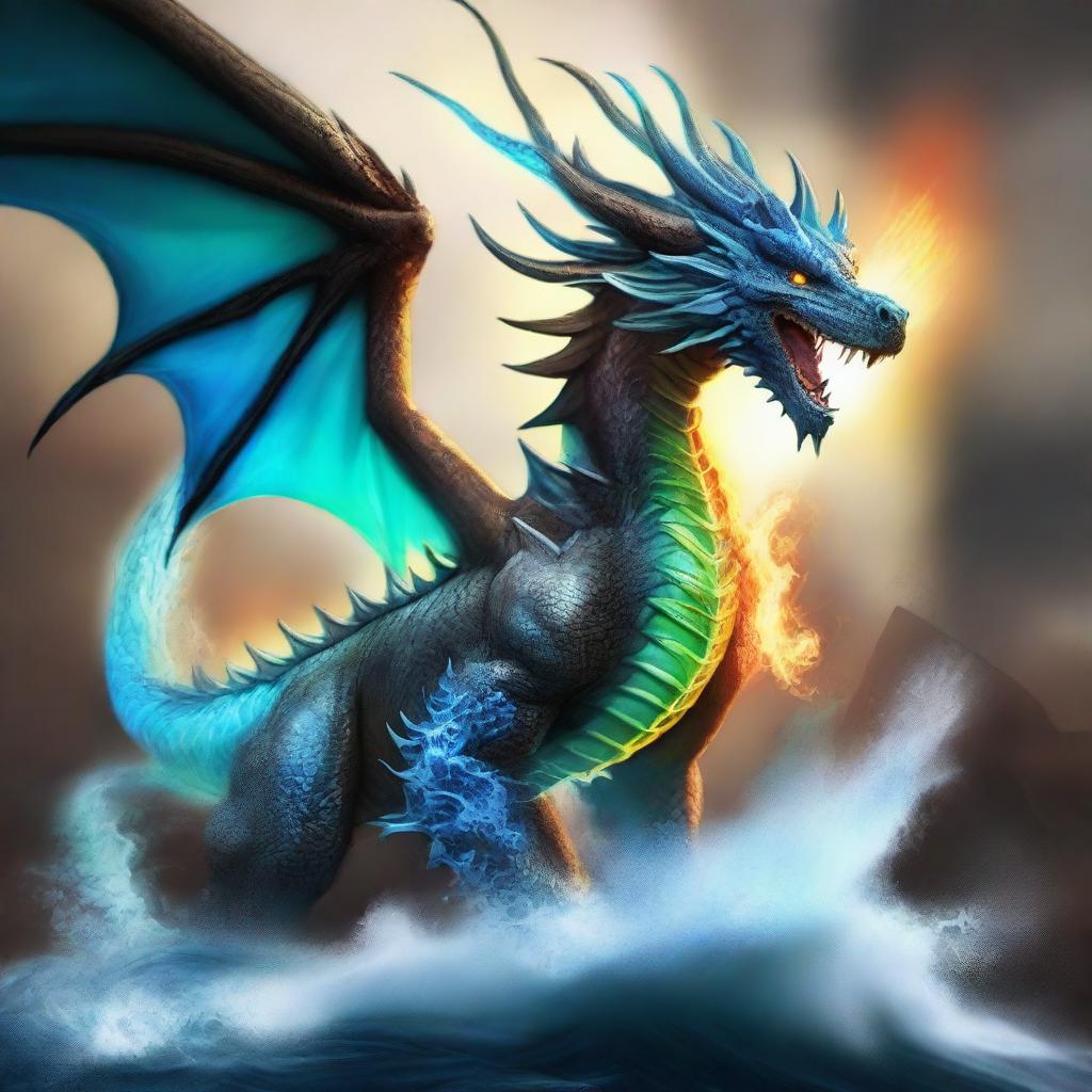 An elemental dragon, comprised of aspects of fire, water, air, and earth, roaring with the raw power of nature.