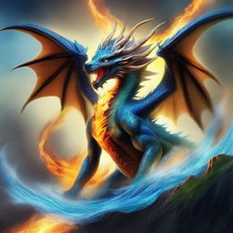 An elemental dragon, comprised of aspects of fire, water, air, and earth, roaring with the raw power of nature.