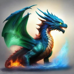 An elemental dragon, comprised of aspects of fire, water, air, and earth, roaring with the raw power of nature.