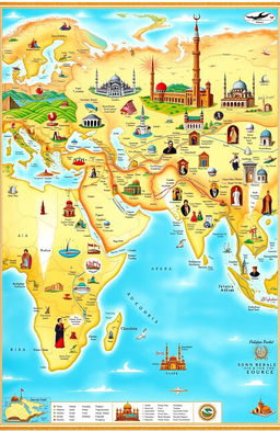 A detailed map showcasing the development of Islamic civilization across various continents, including Asia, Africa, and Europe