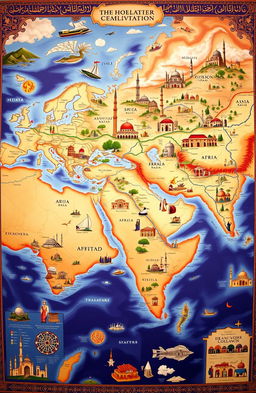 A detailed map showcasing the development of Islamic civilization across various continents, including Asia, Africa, and Europe