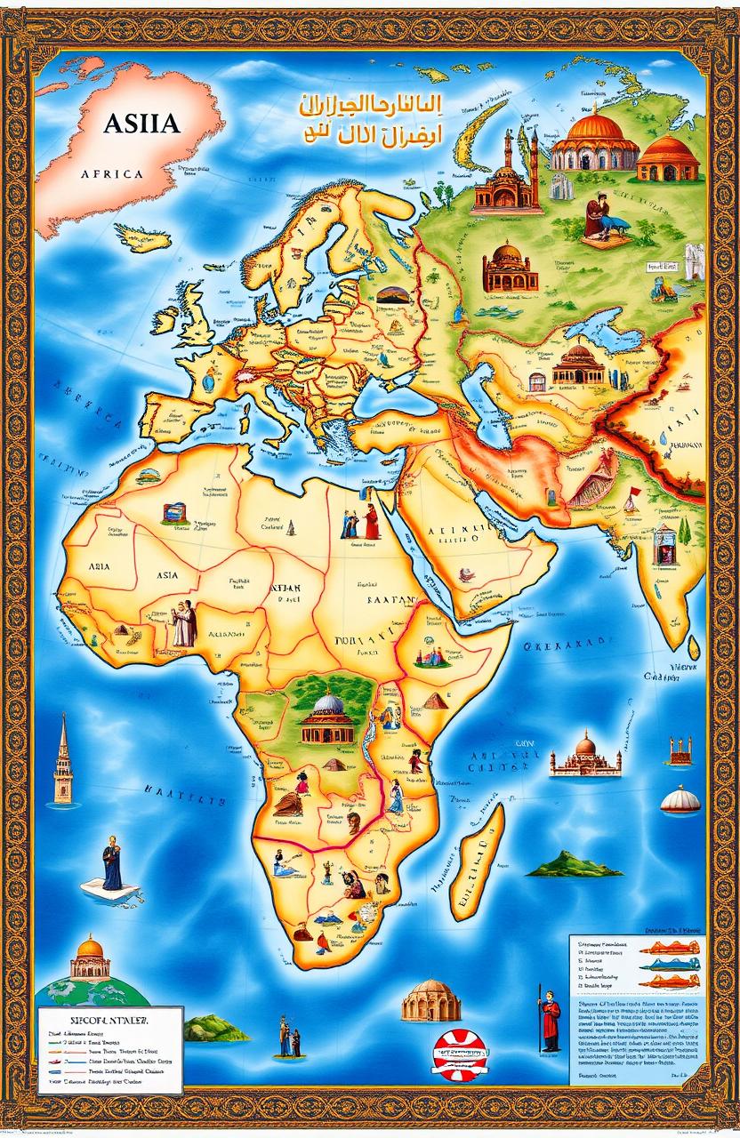 A detailed map showcasing the development of Islamic civilization across various continents, including Asia, Africa, and Europe