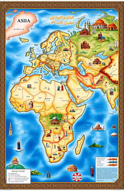 A detailed map showcasing the development of Islamic civilization across various continents, including Asia, Africa, and Europe