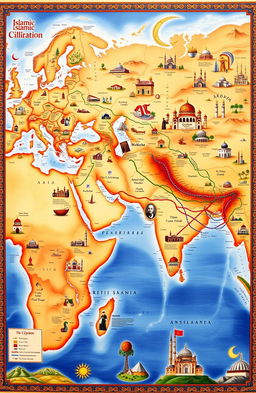 A detailed map showcasing the development of Islamic civilization across various continents, including Asia, Africa, and Europe