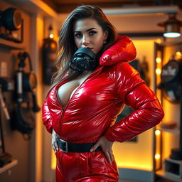 A stunning and alluring woman with big breasts, dressed in a shiny, eye-catching red puffy cold-water immersion suit that sparkles under the lights