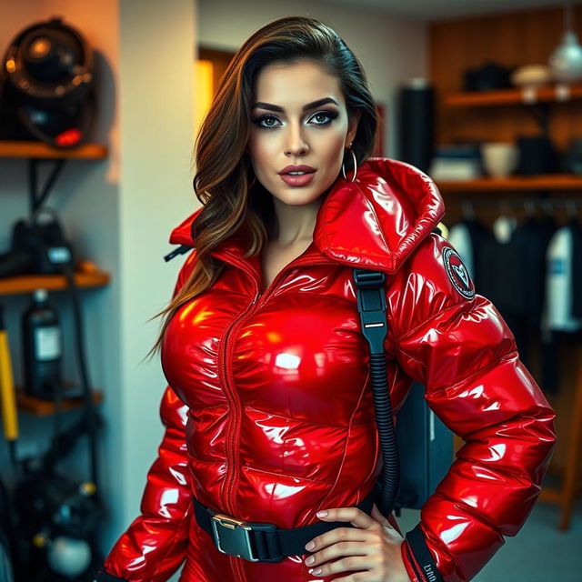 A stunning and alluring woman with big breasts, dressed in a shiny, eye-catching red puffy cold-water immersion suit that sparkles under the lights