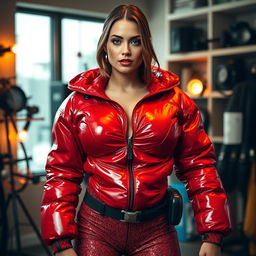 A stunning and alluring woman with big breasts, dressed in a shiny, eye-catching red puffy cold-water immersion suit that sparkles under the lights