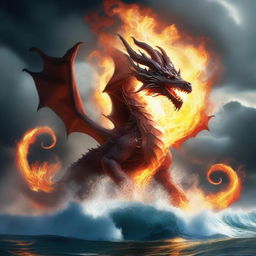 A dragon of elements, emanating fire, surrounded by swirling water, floating on a gust of wind, with its body made of solid earth, an embodiment of natural forces