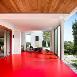 A spacious home with vibrant red flooring, light-filled rooms and modern furniture