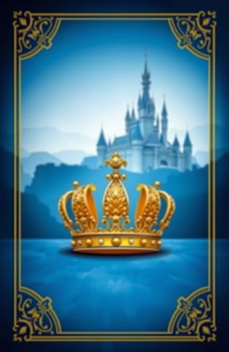 A captivating book cover featuring a deep blue background with a distant view of a majestic castle, intricately detailed and silhouetted against the horizon