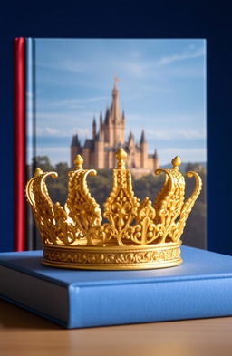A captivating book cover featuring a deep blue background with a distant view of a majestic castle, intricately detailed and silhouetted against the horizon