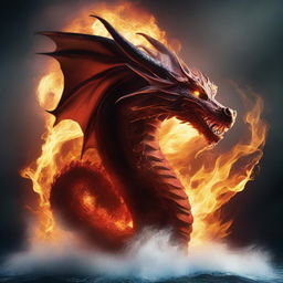 A dragon of elements, emanating fire, surrounded by swirling water, floating on a gust of wind, with its body made of solid earth, an embodiment of natural forces