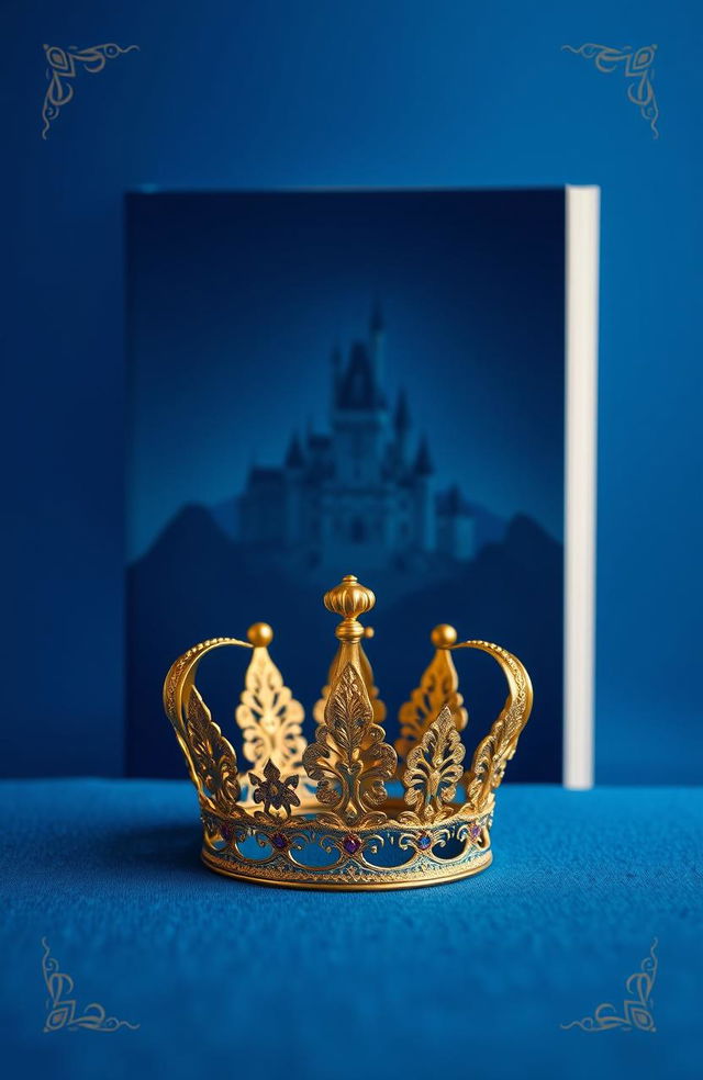 A captivating book cover featuring a deep blue background with a distant view of a majestic castle, intricately detailed and silhouetted against the horizon