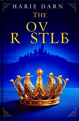 A captivating book cover featuring a deep blue background with a distant view of a majestic castle, intricately detailed and silhouetted against the horizon