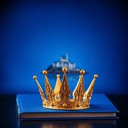 A stunning book cover that features a vibrant blue background showcasing a distant castle, beautifully detailed and elegantly positioned on the horizon