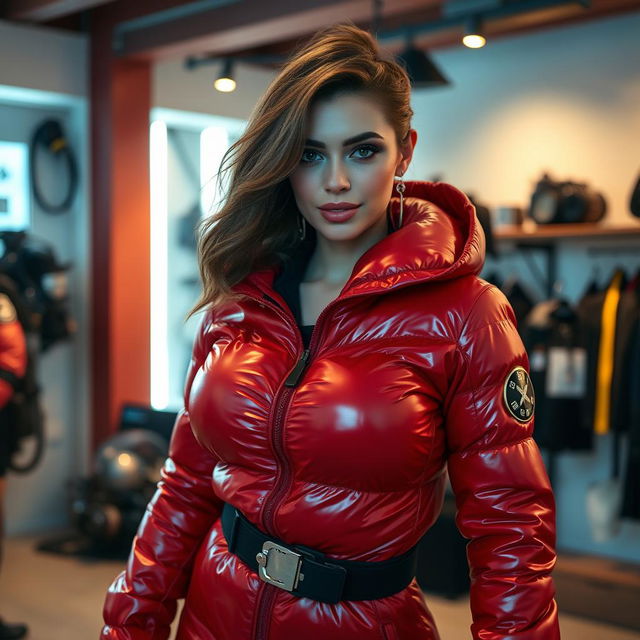 An attractive woman with big breasts, confidently dressed in a shiny red puffy cold-water immersion suit that glistens under the ambient lighting