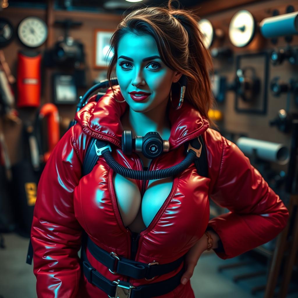 An attractive woman with big breasts, confidently dressed in a shiny red puffy cold-water immersion suit that glistens under the ambient lighting