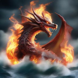 A dragon of elements, emanating fire, surrounded by swirling water, floating on a gust of wind, with its body made of solid earth, an embodiment of natural forces