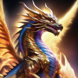 A divine dragon god, appearing in a blaze of light, its scales sparkling with celestial energy, exuding an awe-inspiring aura of supreme power and wisdom