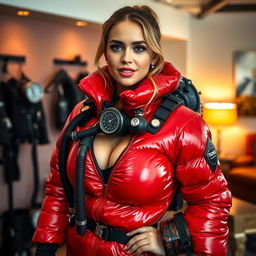 An attractive woman with big breasts, confidently adorned in a shiny red puffy cold-water immersion suit that reflects light beautifully