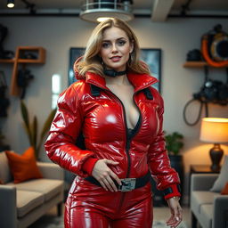 An attractive woman with big breasts, confidently adorned in a shiny red puffy cold-water immersion suit that reflects light beautifully