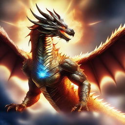 A divine dragon god, appearing in a blaze of light, its scales sparkling with celestial energy, exuding an awe-inspiring aura of supreme power and wisdom