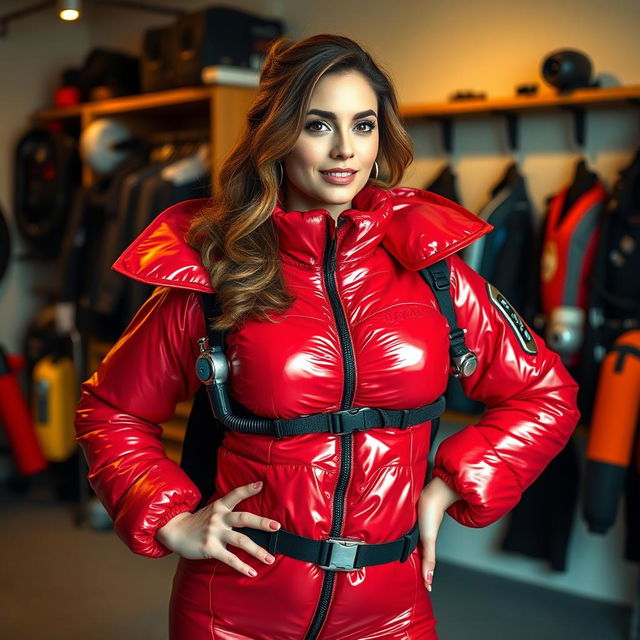 A beautiful woman with big breasts, confidently wearing a shiny, vibrant red puffy cold-water immersion suit that shimmers in the light