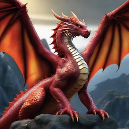 A legendary dragon, remembered in tales and songs, its powerful wings spread wide, its fiery eyes filled with age-old wisdom, a symbol of might, majesty and mystery