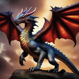 A legendary dragon, remembered in tales and songs, its powerful wings spread wide, its fiery eyes filled with age-old wisdom, a symbol of might, majesty and mystery