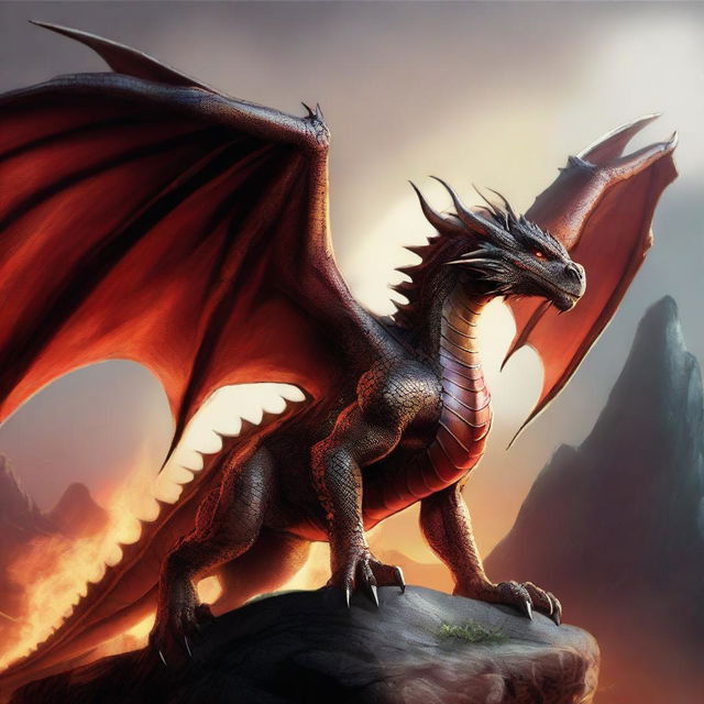 A legendary dragon, remembered in tales and songs, its powerful wings spread wide, its fiery eyes filled with age-old wisdom, a symbol of might, majesty and mystery