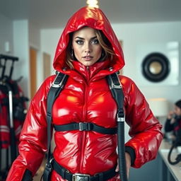 A captivating woman with big breasts, dressed in a shiny red puffy cold-water immersion suit that reflects light brilliantly