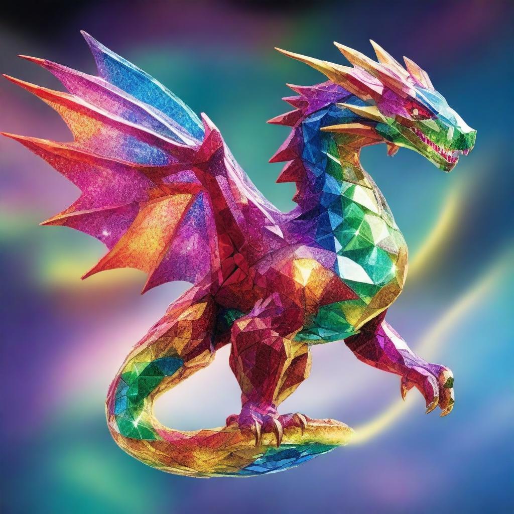 An awe-inspiring dragon, made entirely of brilliant, multifaceted diamonds, soaring through the sky with a dazzling trail of vibrant prisms of light