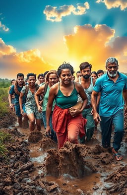 A powerful and inspiring scene depicting a diverse group of adults of various ethnicities, trudging through thick, muddy terrain