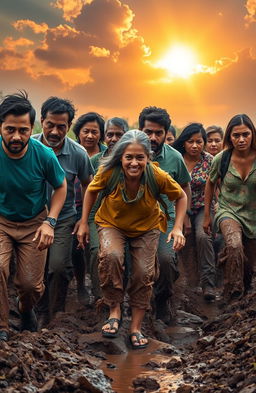 A powerful and inspiring scene depicting a diverse group of adults of various ethnicities, trudging through thick, muddy terrain