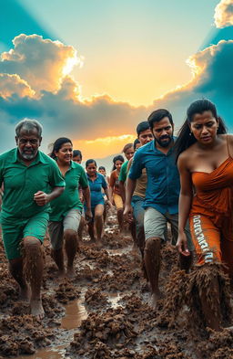 A powerful and inspiring scene depicting a diverse group of adults of various ethnicities, trudging through thick, muddy terrain