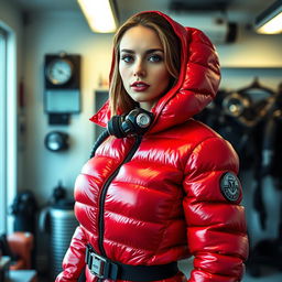 A beautiful woman with large breasts, clad in a shiny red puffy cold-water immersion suit that shimmers under the light