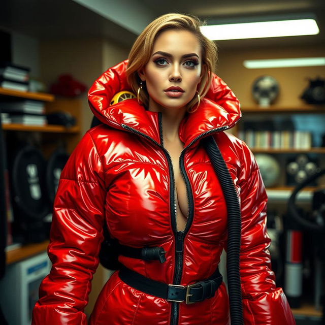 A beautiful woman with large breasts, clad in a shiny red puffy cold-water immersion suit that shimmers under the light