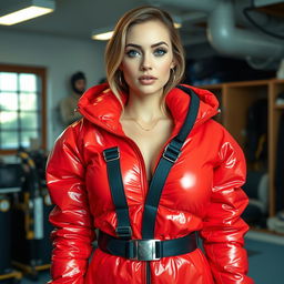 A beautiful woman with large breasts, clad in a shiny red puffy cold-water immersion suit that shimmers under the light