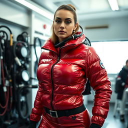 A beautiful woman with large breasts, clad in a shiny red puffy cold-water immersion suit that shimmers under the light