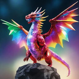 An awe-inspiring dragon, made entirely of brilliant, multifaceted diamonds, soaring through the sky with a dazzling trail of vibrant prisms of light