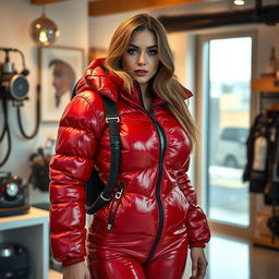 A gorgeous woman with big breasts, elegantly dressed in a shiny red puffy cold-water immersion suit that gleams under the soft lighting