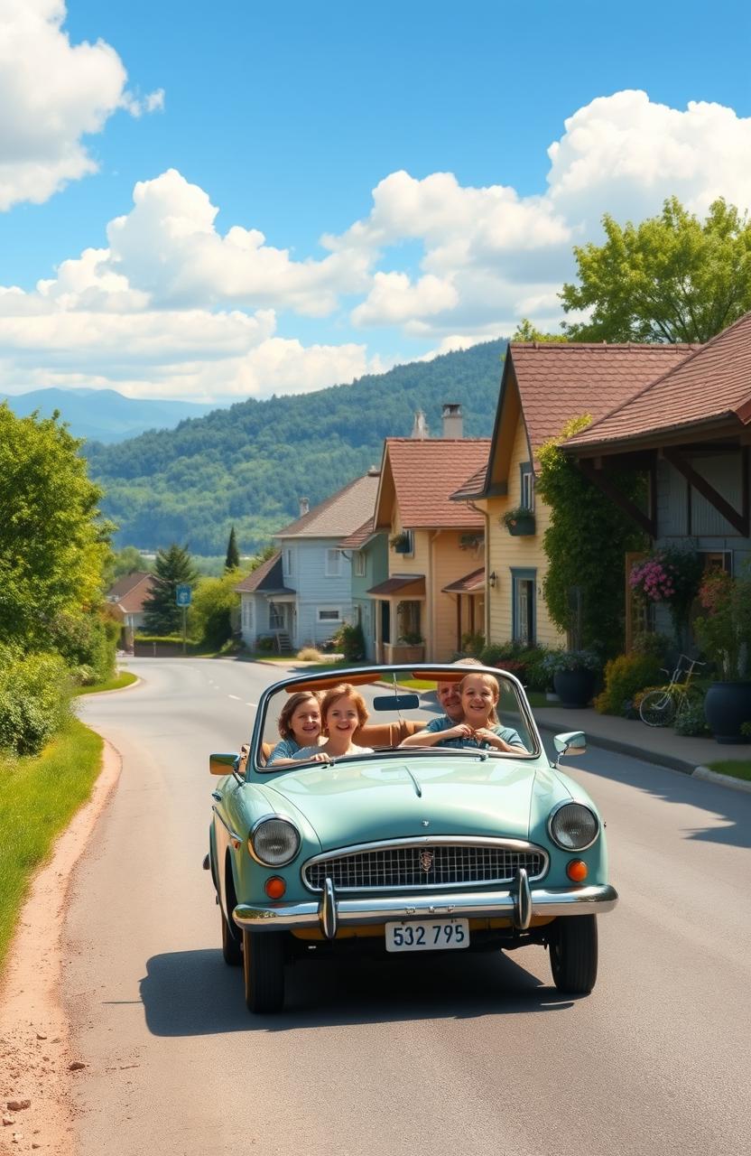 A picturesque and serene scene depicting a small family car driving on a winding road through a quaint small town