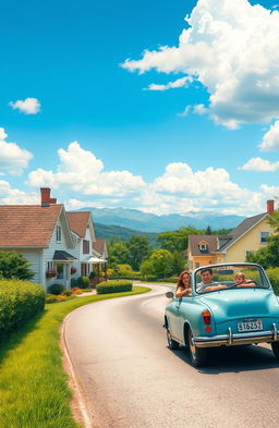 A picturesque and serene scene depicting a small family car driving on a winding road through a quaint small town