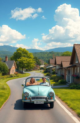 A picturesque and serene scene depicting a small family car driving on a winding road through a quaint small town