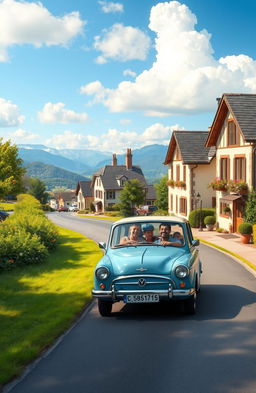 A picturesque and serene scene depicting a small family car driving on a winding road through a quaint small town